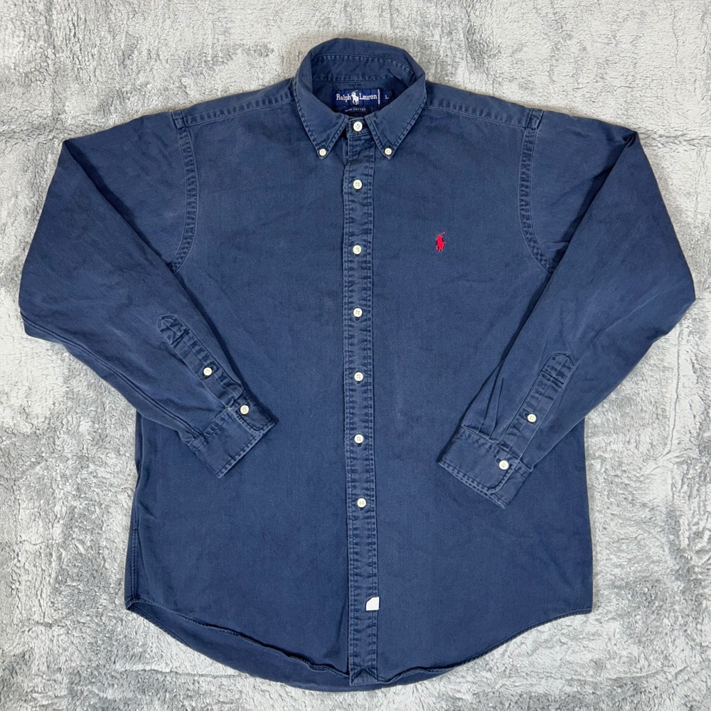 Polo Ralph Lauren Mens Navy Blue Cotton Twill Button Down Shirt Large Red Pony